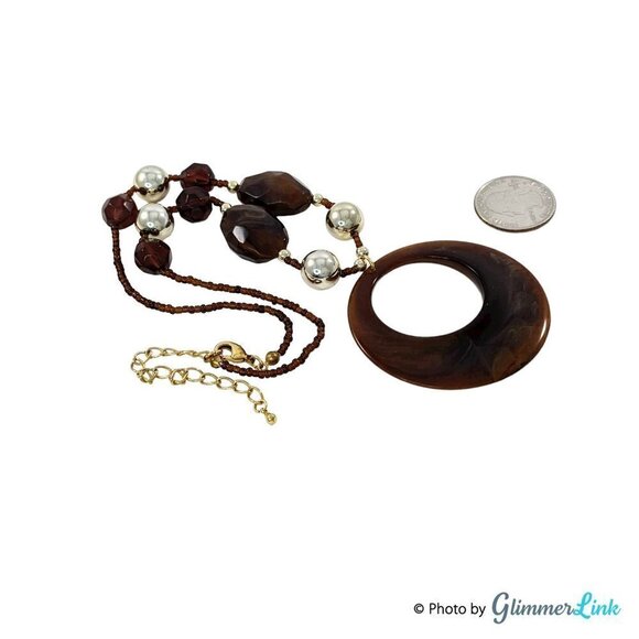 Boho Brown & Gold Tone Beaded Donut Pendant Necklace - Picture 5 of 7